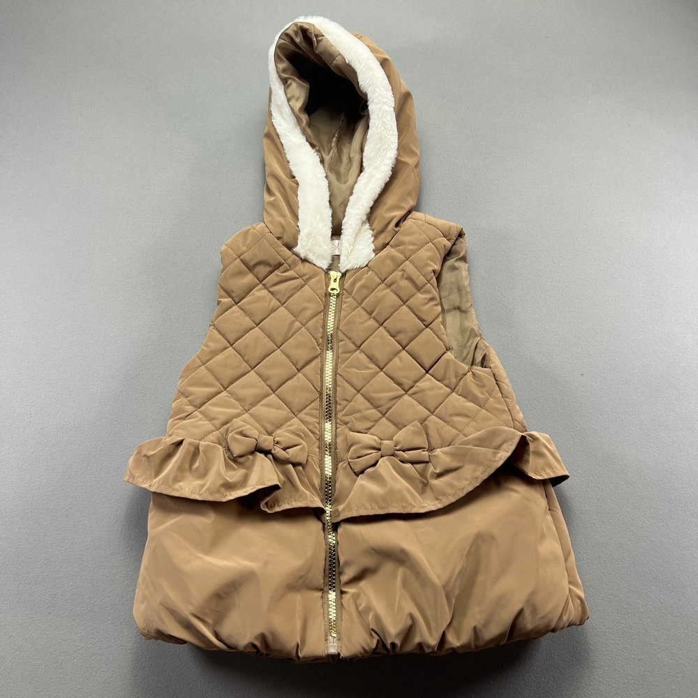 Nannette Puffer Vest Girls 6 Brown Lined Quilted Hooded Bow Insulated Full Zip